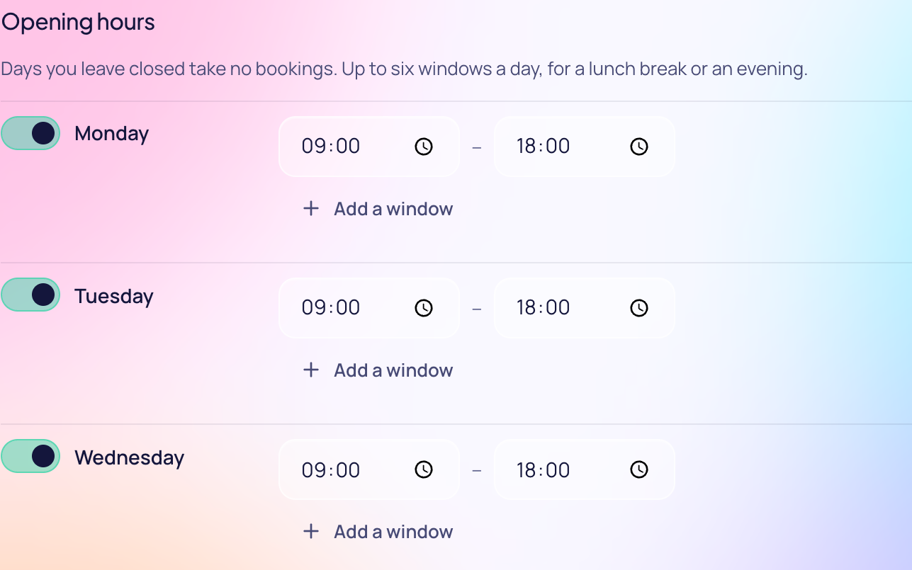 The availability screen: opening hours, services with duration and capacity, products with prices