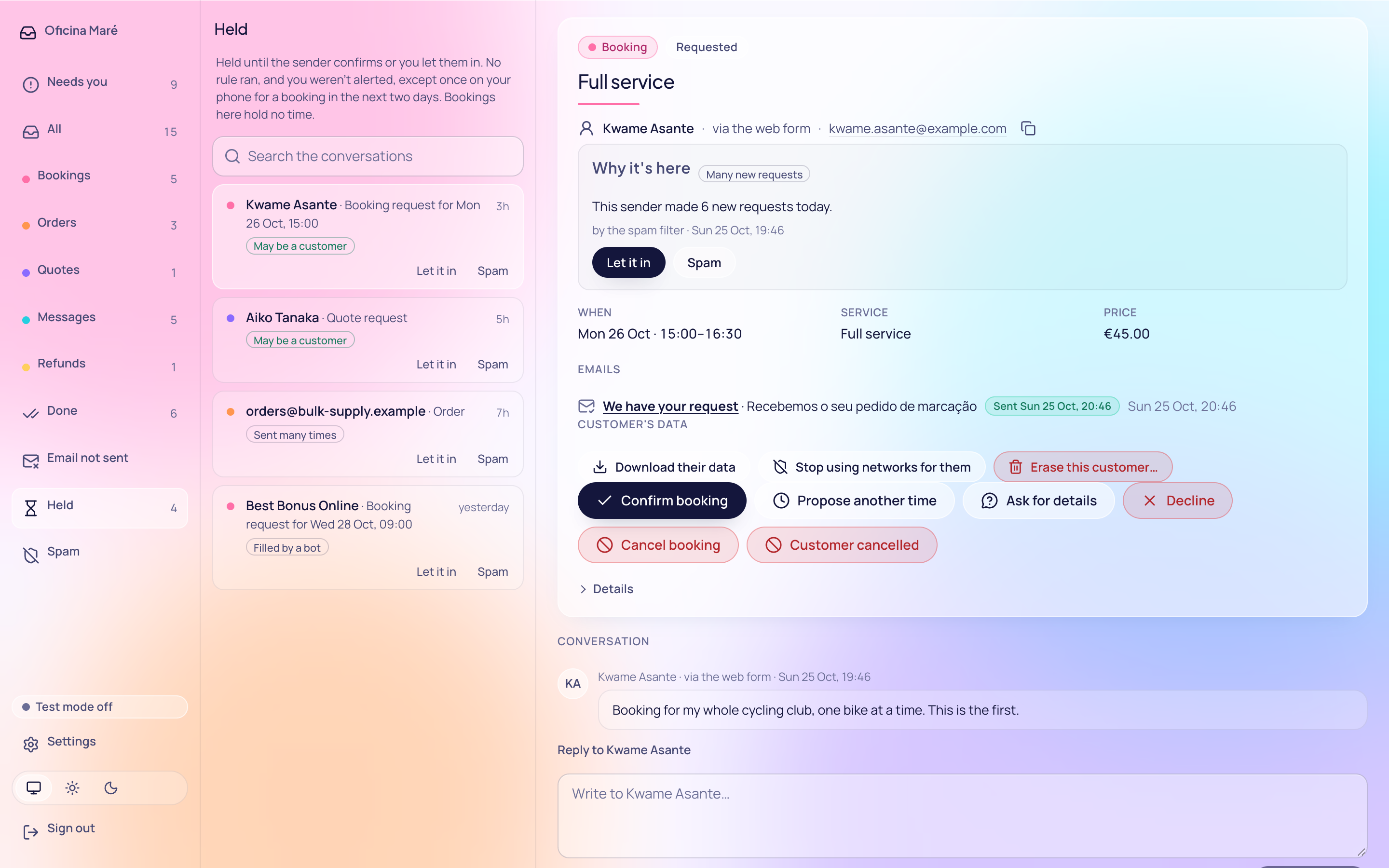 Held: requests waiting for the sender to confirm or for you to let them in, the ones that may be customers at the top, each with Let it in and Spam