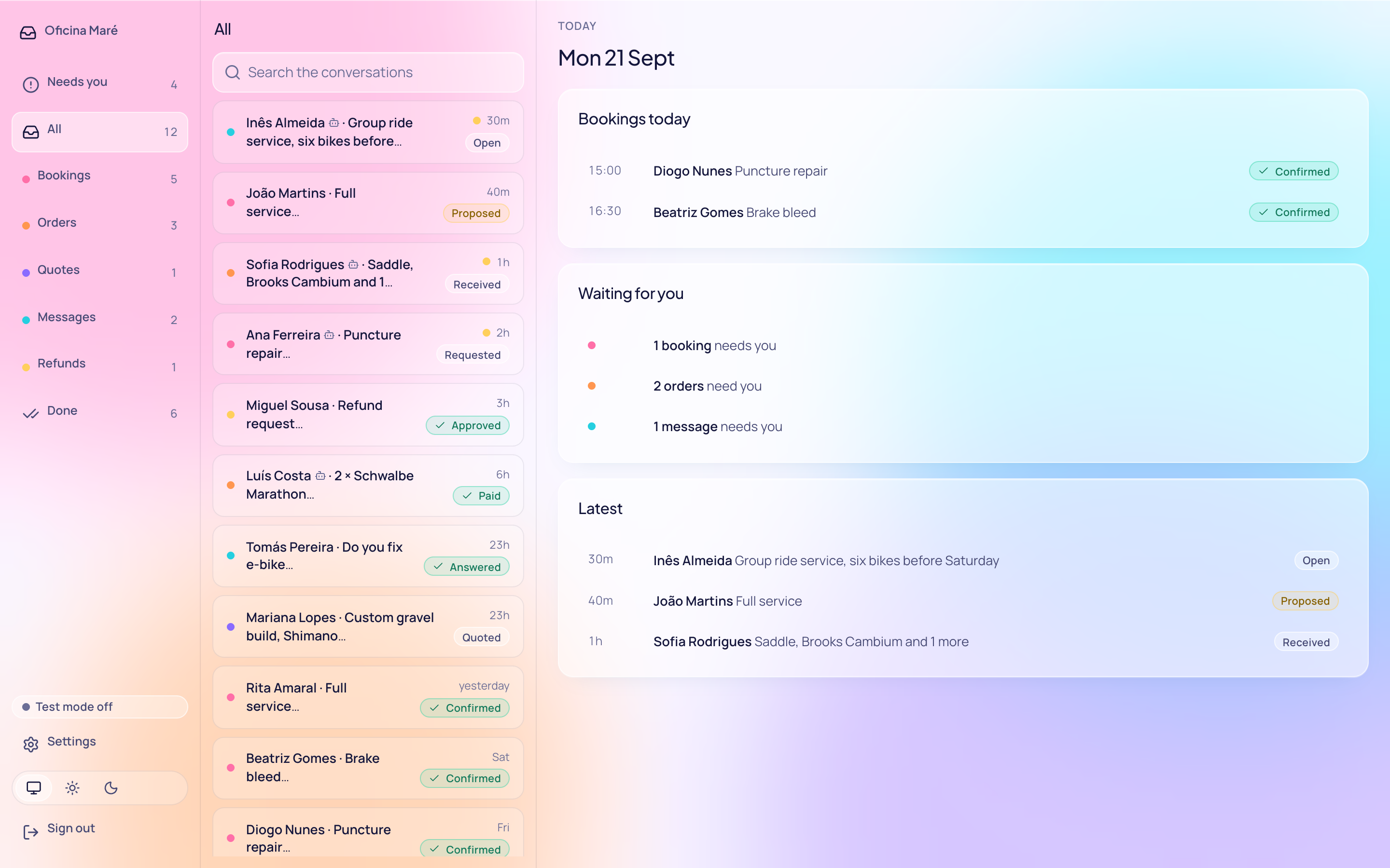 The inbox: filters on the left, the list of requests with their type and state, and the one selected