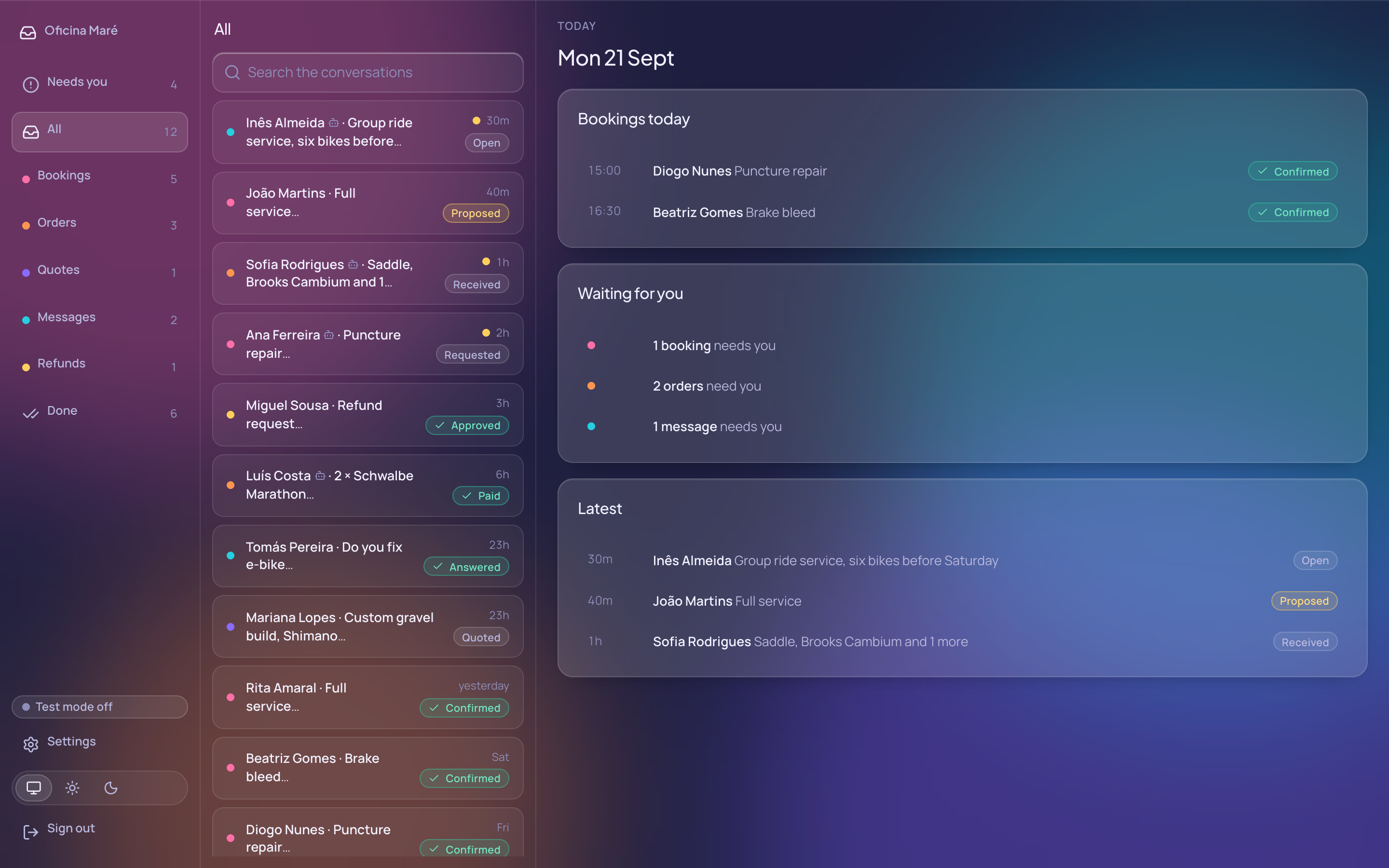 The inbox: filters on the left, the list of requests with their type and state, and the one selected