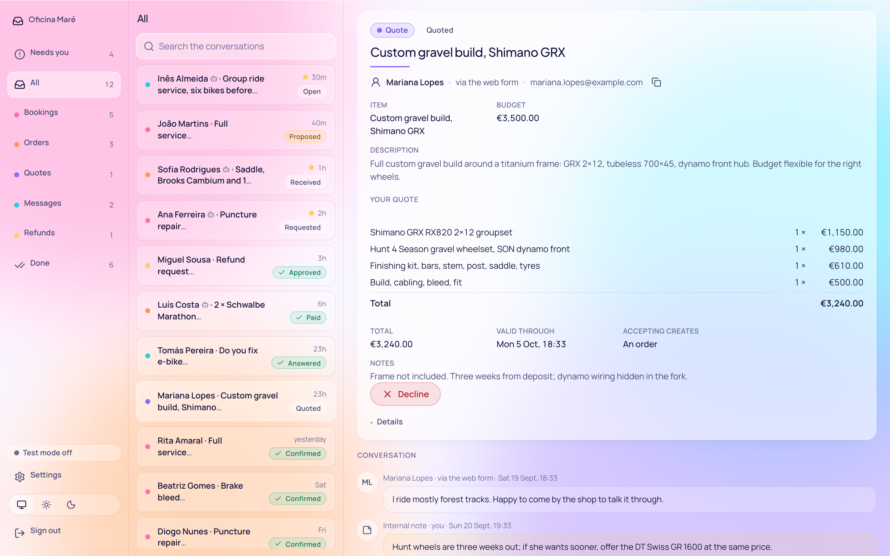 A booking in the inbox with its details, its state and buttons for the next step