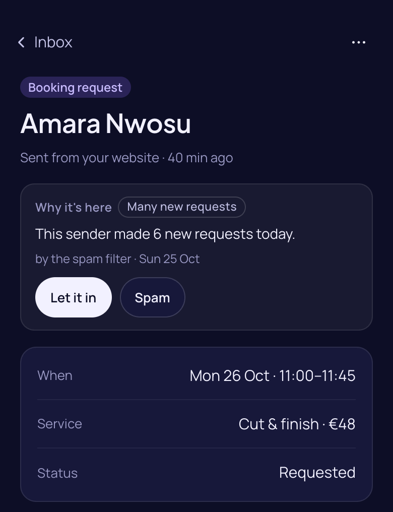 The phone app: a held booking request, why it's here, and Let it in or Spam
