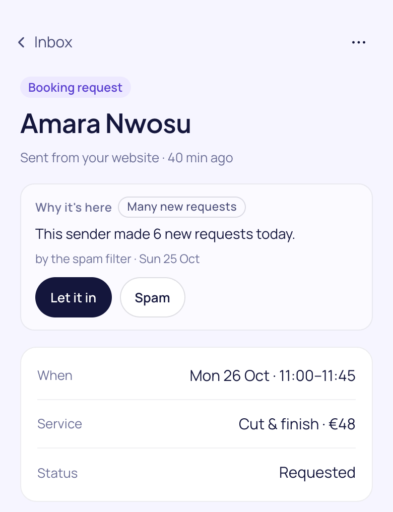 The phone app: a held booking request, why it's here, and Let it in or Spam