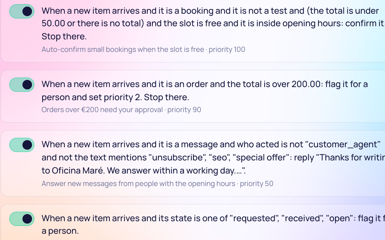 The rules screen, listing rules with their triggers, conditions and actions