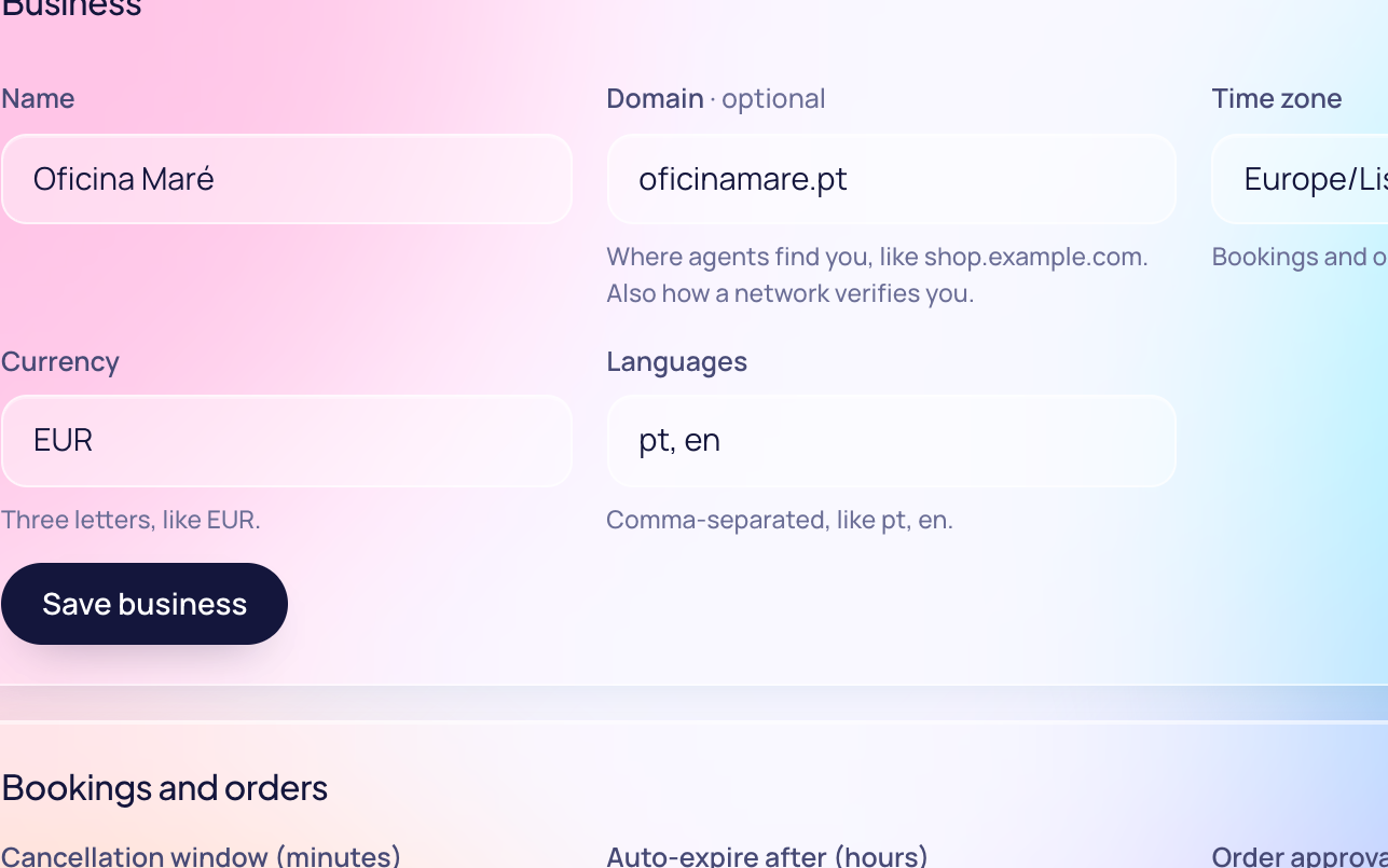 The settings screen: cancellation window, approval limit, email, test mode and the network