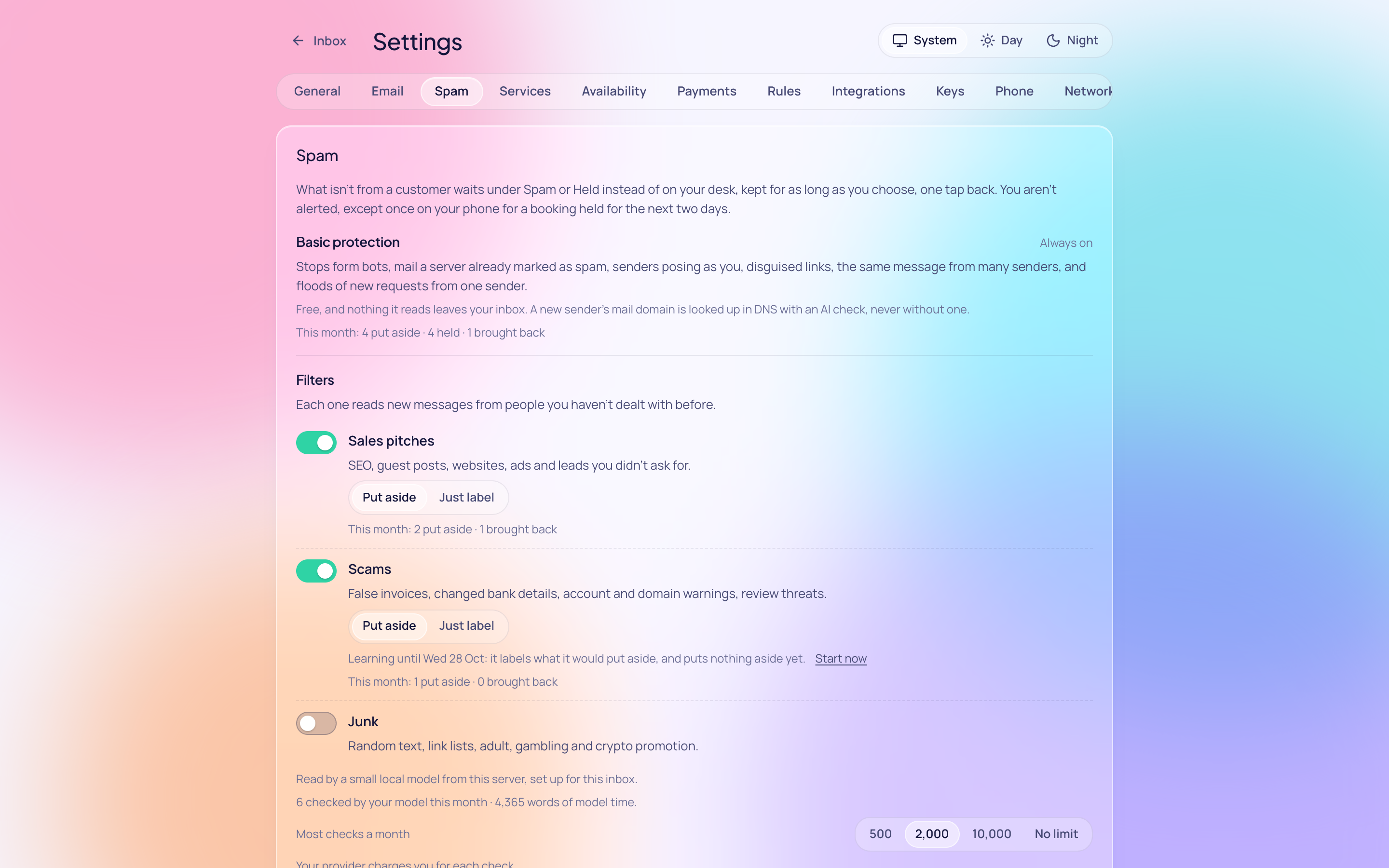 Settings, Spam: basic protection always on, three filters with a switch each, put aside or just label, the learning week, who reads, the two lists and the two emails